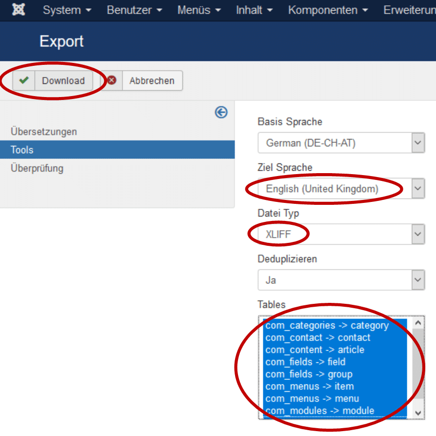 Joomla JDiction Zielsprache