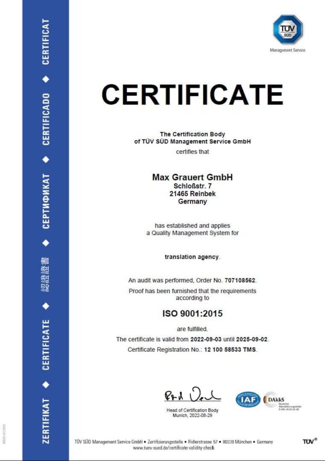 Translation Agency ISO 9001 Certificate English 2022