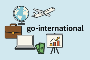 Illustration mit Globus, Flugzeug, Laptop, Geld und Diagramm – Symbol für go-international Förderprogramm und internationale Expansion.