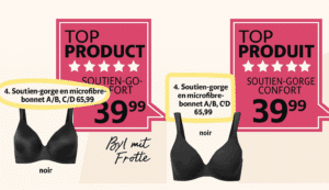 DTP-Vergleich zweier französischer BH-Anzeigen mit typografischen und sprachlichen Unterschieden – Beispiel für Layout-Anpassung bei mehrsprachigem Satz.