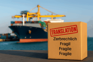 Karton mit Aufdruck Zerbrechlich in mehreren Sprachen vor Frachtschiff im Hafen – Symbol für Verpackungstexte im internationalen Handel.