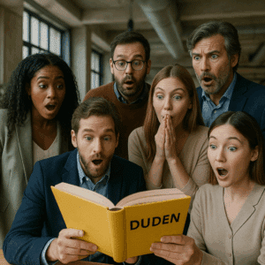 Gruppe überrascht über neue Wörter im Duden 2025 – Bild steht für den Wandel der deutschen Sprache