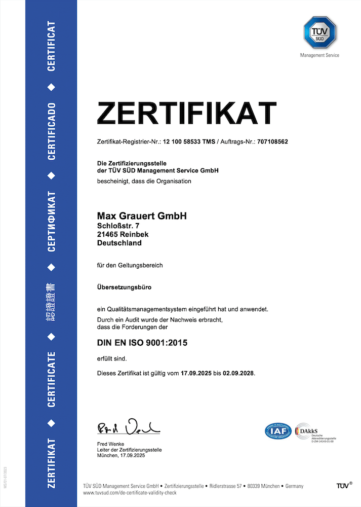 ISO-9001-Zertifikat vom TÜV SÜD, gültig bis zum 2. September 2028